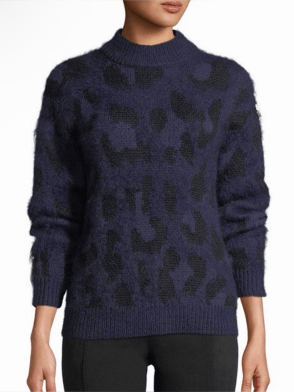Kate Spade Womens XS Wild Ones Blue Black Leopard Alpaca Wool Mock Neck Sweater